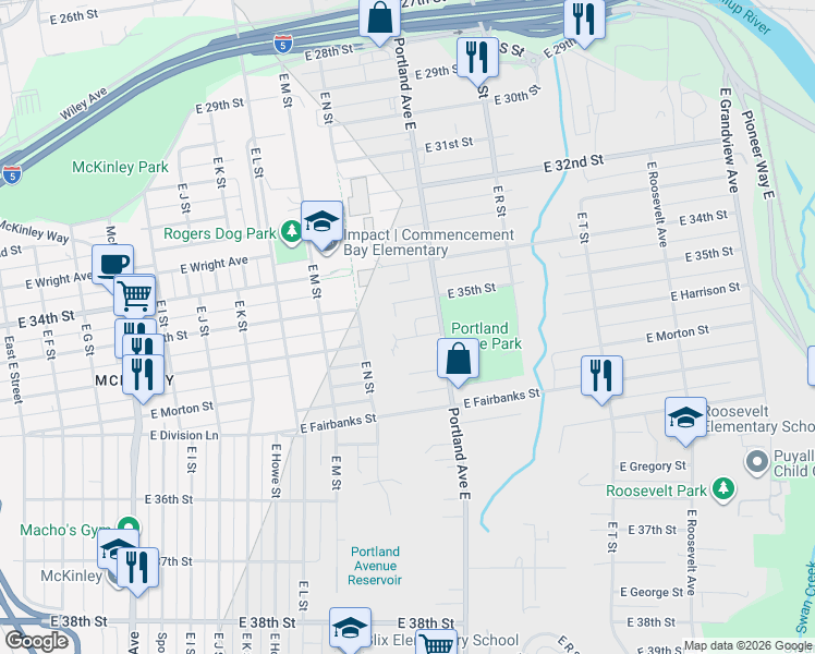 map of restaurants, bars, coffee shops, grocery stores, and more near 1433 East Harrison Street in Tacoma