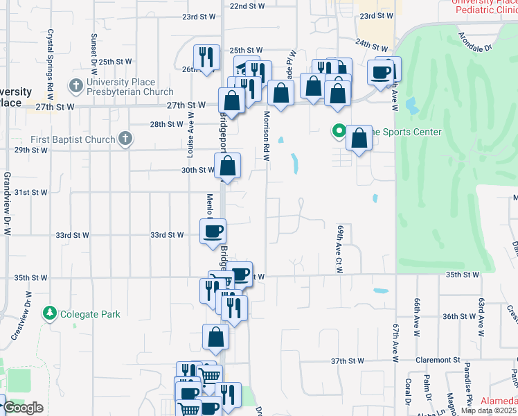 map of restaurants, bars, coffee shops, grocery stores, and more near 3210 Morrison Road West in University Place