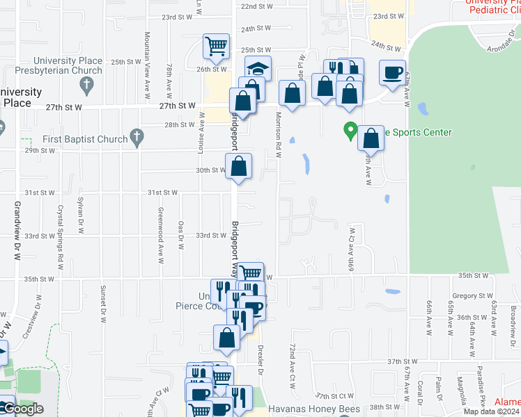 map of restaurants, bars, coffee shops, grocery stores, and more near 3210 Morrison Road West in University Place