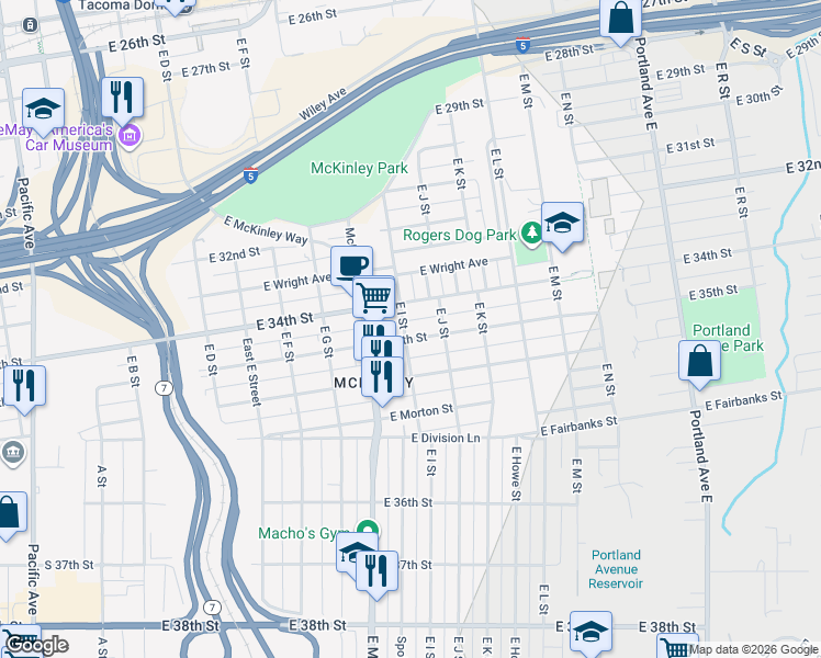 map of restaurants, bars, coffee shops, grocery stores, and more near 904 East 35th Street in Tacoma