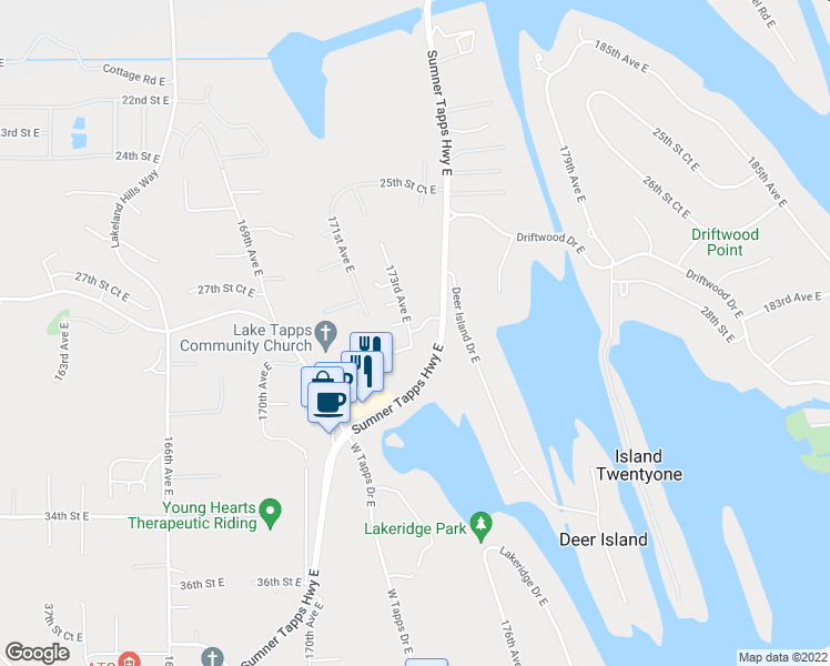 map of restaurants, bars, coffee shops, grocery stores, and more near 17226 29th Street East in Bonney Lake