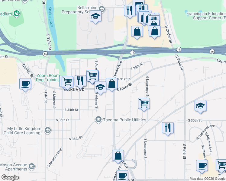 map of restaurants, bars, coffee shops, grocery stores, and more near 3228 South Union Avenue in Tacoma