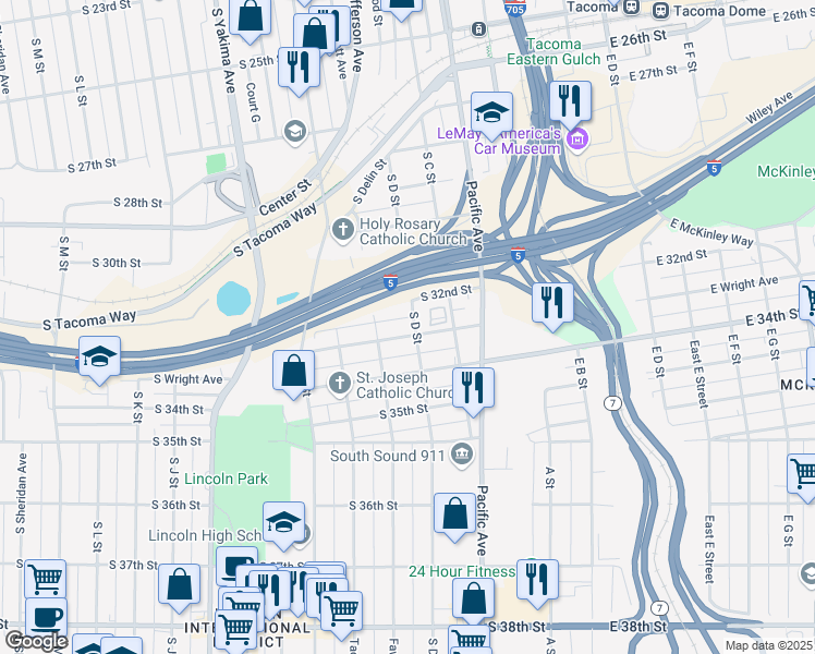 map of restaurants, bars, coffee shops, grocery stores, and more near 418 South Wright Avenue in Tacoma