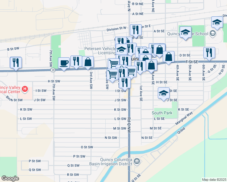map of restaurants, bars, coffee shops, grocery stores, and more near 121 J Street Southwest in Quincy