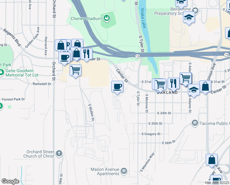 map of restaurants, bars, coffee shops, grocery stores, and more near 3202 South Mason Avenue in Tacoma