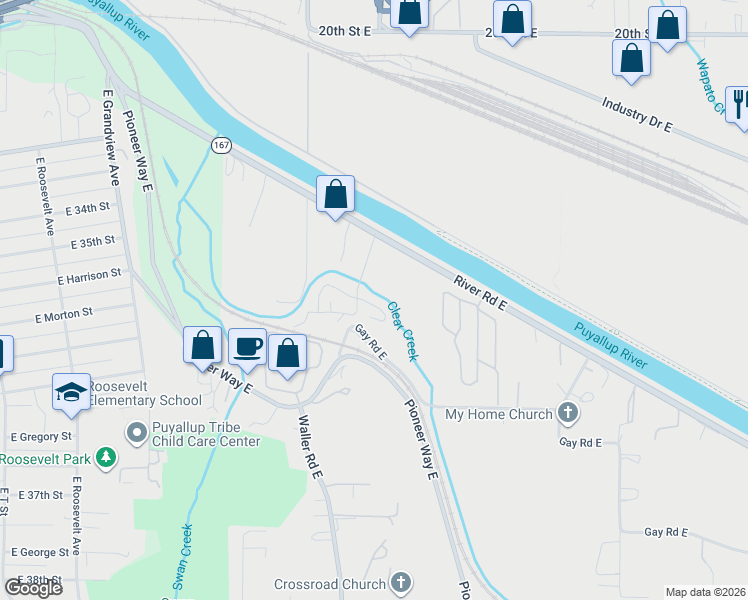 map of restaurants, bars, coffee shops, grocery stores, and more near 3225 28th Street Court East in Tacoma