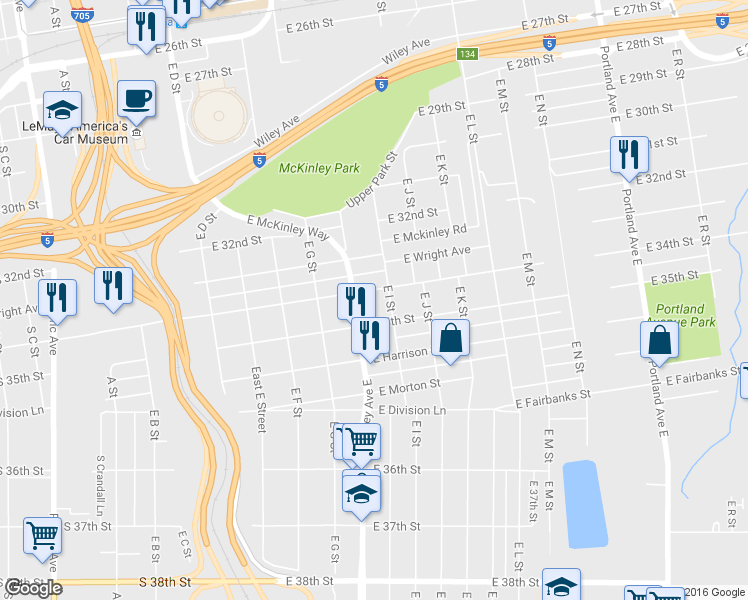map of restaurants, bars, coffee shops, grocery stores, and more near 3313 McKinley Avenue in Tacoma
