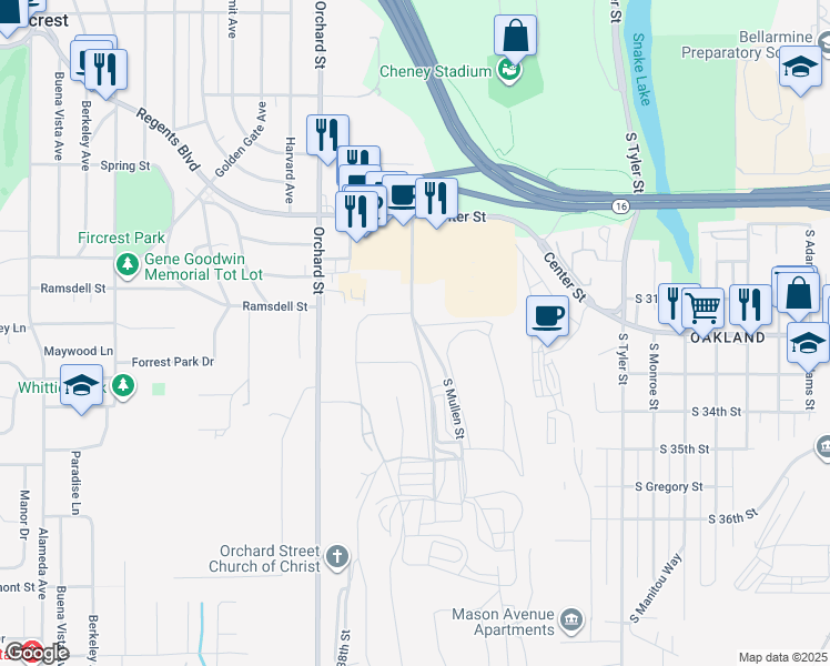 map of restaurants, bars, coffee shops, grocery stores, and more near 3510 South Mullen Street in Tacoma