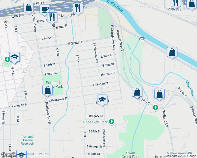 map of restaurants, bars, coffee shops, grocery stores, and more near 3518 East Roosevelt Avenue in Tacoma