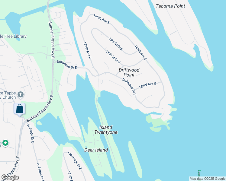 map of restaurants, bars, coffee shops, grocery stores, and more near 18112 Driftwood Drive East in Lake Tapps