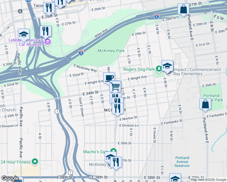map of restaurants, bars, coffee shops, grocery stores, and more near 3313 McKinley Avenue in Tacoma