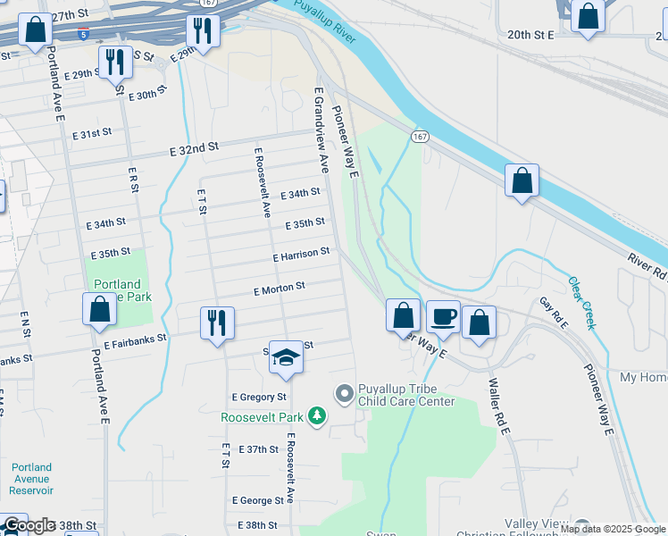 map of restaurants, bars, coffee shops, grocery stores, and more near 2248 East Harrison Street in Tacoma