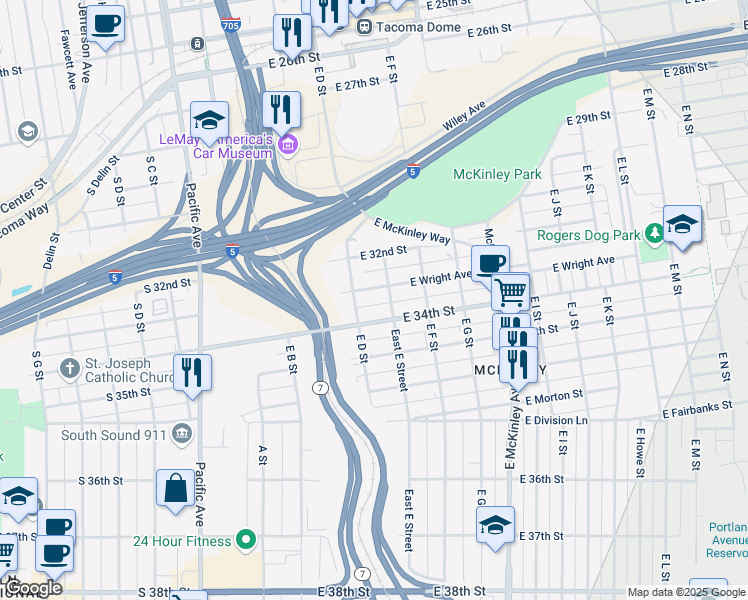map of restaurants, bars, coffee shops, grocery stores, and more near 407 East Wright Avenue in Tacoma