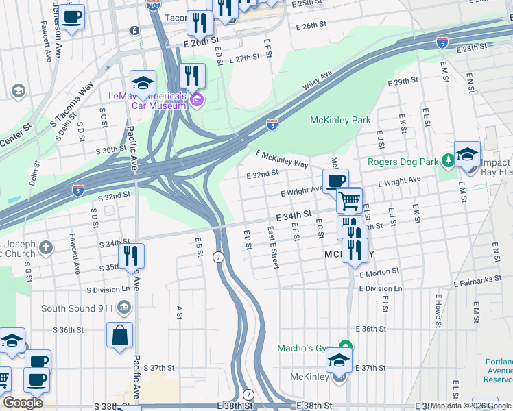 map of restaurants, bars, coffee shops, grocery stores, and more near 407 East Wright Avenue in Tacoma