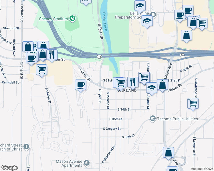map of restaurants, bars, coffee shops, grocery stores, and more near 3105 South Tyler Street in Tacoma