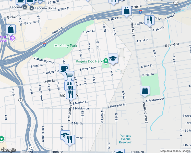 map of restaurants, bars, coffee shops, grocery stores, and more near 3401-3409 East K Street in Tacoma