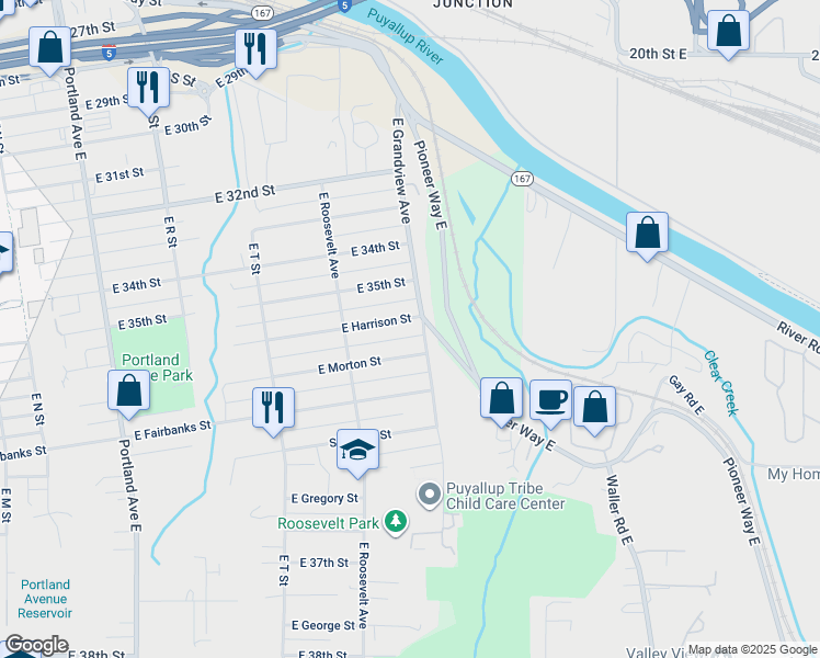 map of restaurants, bars, coffee shops, grocery stores, and more near 2248 East Harrison Street in Tacoma