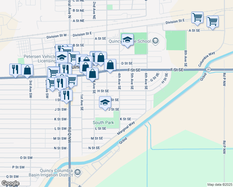 map of restaurants, bars, coffee shops, grocery stores, and more near 322 H Street Southeast in Quincy