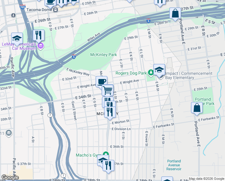 map of restaurants, bars, coffee shops, grocery stores, and more near 3320 East I Street in Tacoma