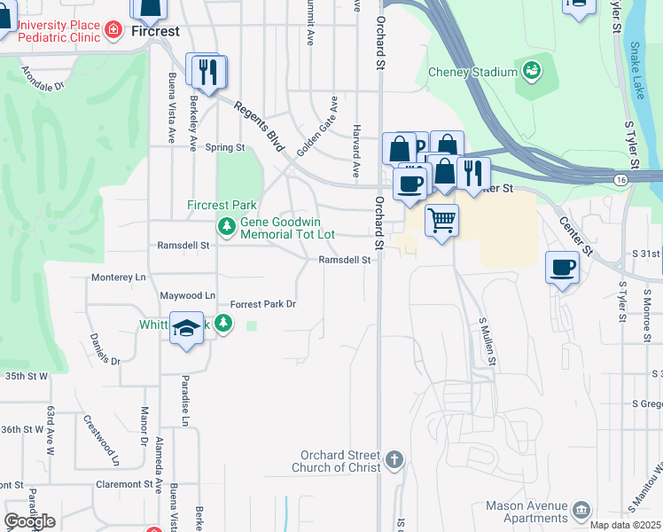 map of restaurants, bars, coffee shops, grocery stores, and more near 202 Ramsdell Street in Fircrest