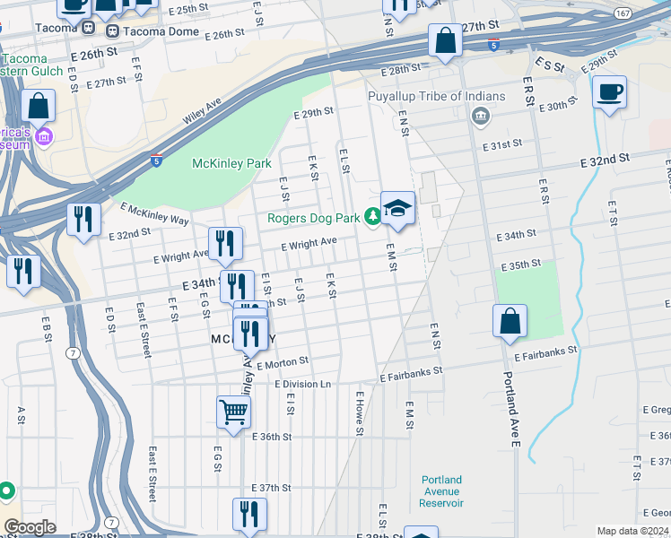 map of restaurants, bars, coffee shops, grocery stores, and more near 3401 East K Street in Tacoma