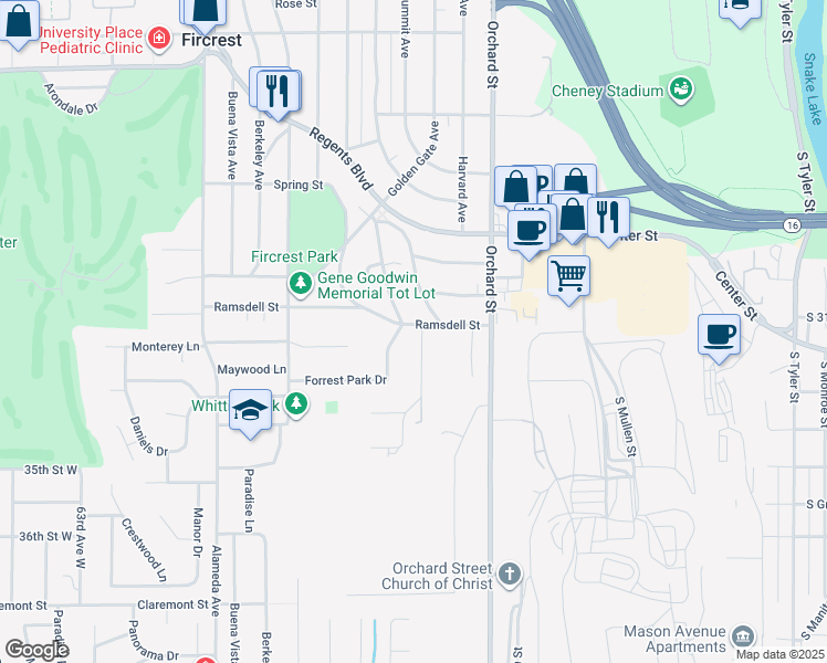 map of restaurants, bars, coffee shops, grocery stores, and more near 202 Ramsdell Street in Fircrest
