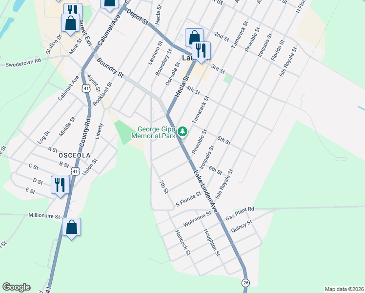 map of restaurants, bars, coffee shops, grocery stores, and more near 401 Lake Linden Ave in Calumet