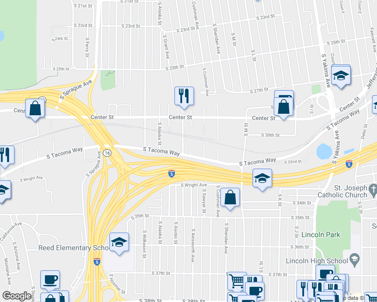 map of restaurants, bars, coffee shops, grocery stores, and more near 1603 South Tacoma Way in Tacoma