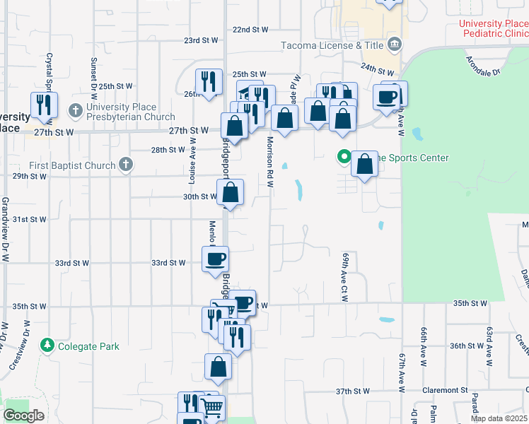 map of restaurants, bars, coffee shops, grocery stores, and more near 3022 Morrison Road West in University Place