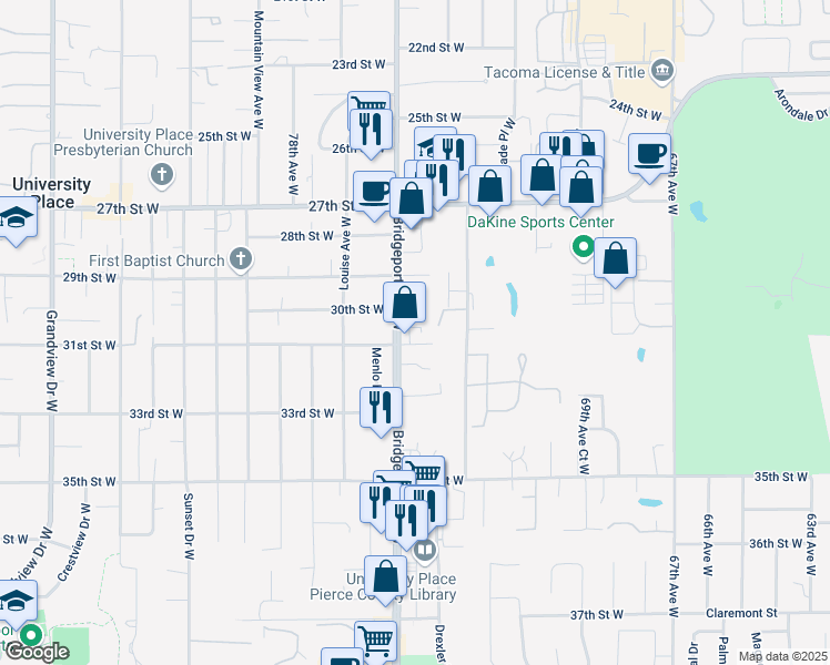 map of restaurants, bars, coffee shops, grocery stores, and more near 3013 Bridgeport Way West in University Place
