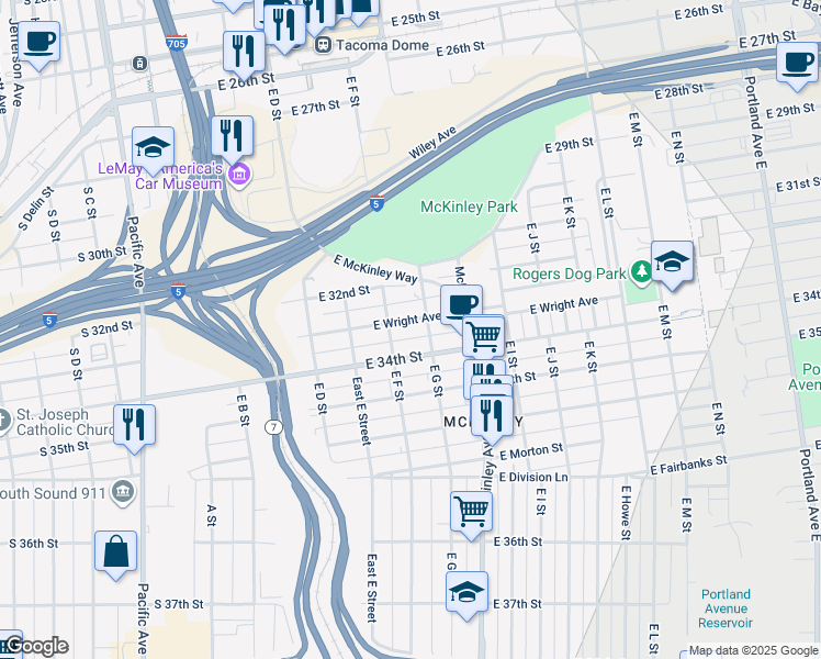 map of restaurants, bars, coffee shops, grocery stores, and more near 608 East Wright Avenue in Tacoma