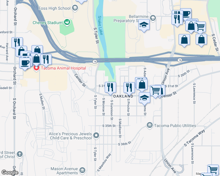 map of restaurants, bars, coffee shops, grocery stores, and more near 4046 South 31st Street in Tacoma