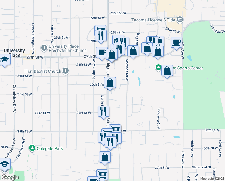 map of restaurants, bars, coffee shops, grocery stores, and more near 3013 Bridgeport Way West in University Place