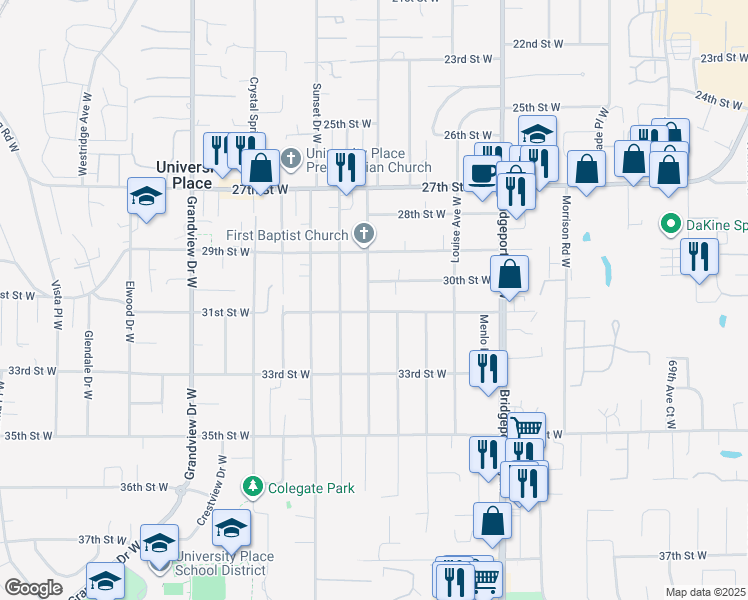 map of restaurants, bars, coffee shops, grocery stores, and more near 3017 Mountain View Avenue West in University Place