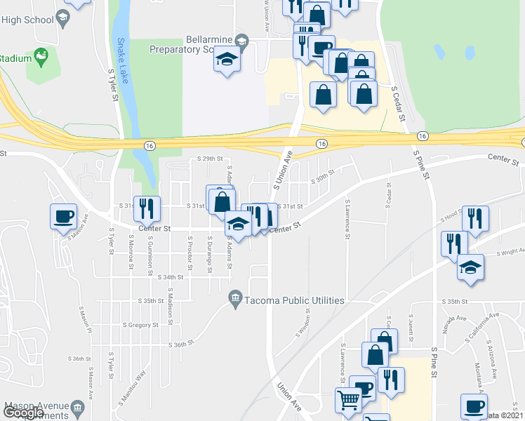 map of restaurants, bars, coffee shops, grocery stores, and more near 3104 South Union Avenue in Tacoma