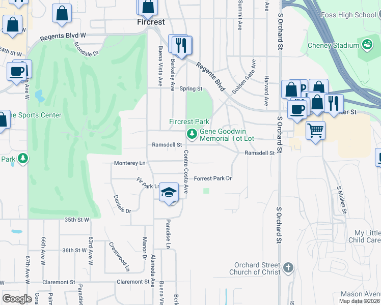 map of restaurants, bars, coffee shops, grocery stores, and more near 707 Contra Costa Avenue in Fircrest