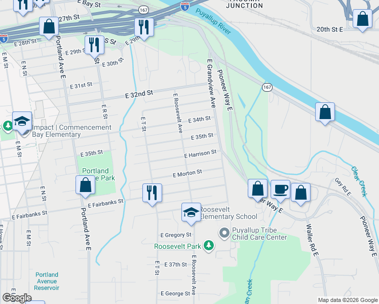 map of restaurants, bars, coffee shops, grocery stores, and more near 2205 East Harrison Street in Tacoma
