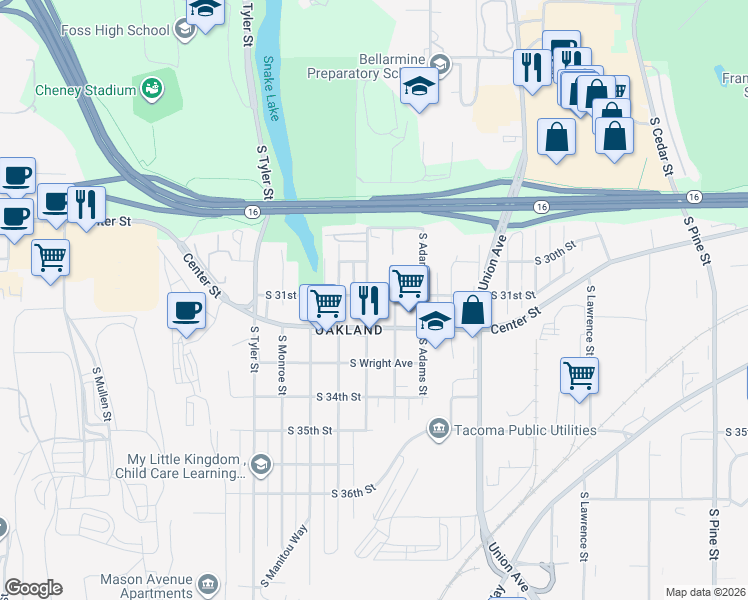 map of restaurants, bars, coffee shops, grocery stores, and more near 3101 South Proctor Street in Tacoma