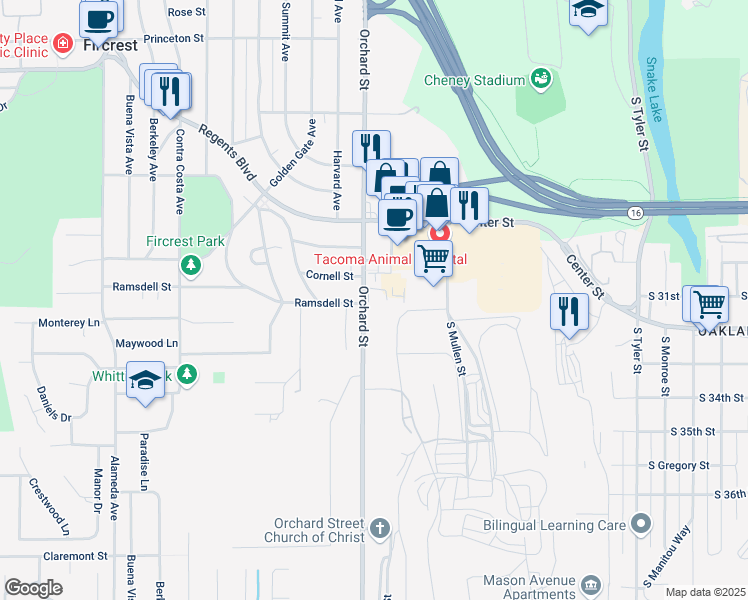map of restaurants, bars, coffee shops, grocery stores, and more near 3035 South Orchard Street in Tacoma