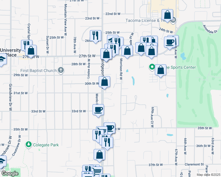 map of restaurants, bars, coffee shops, grocery stores, and more near 3013 Bridgeport Way West in University Place