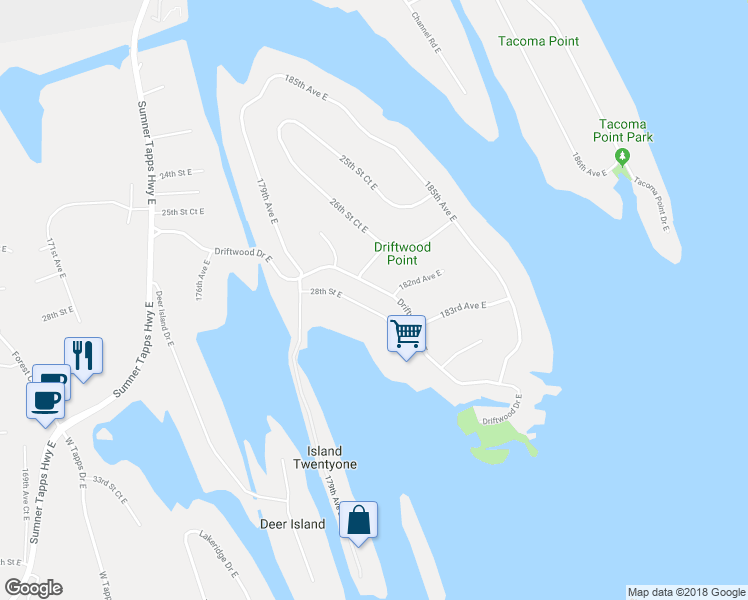 map of restaurants, bars, coffee shops, grocery stores, and more near 18112 Driftwood Drive East in Lake Tapps