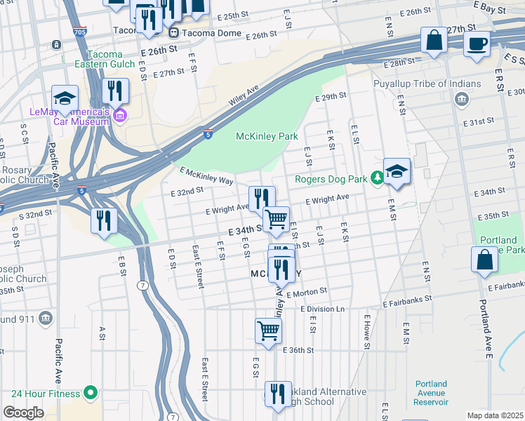 map of restaurants, bars, coffee shops, grocery stores, and more near 3313 McKinley Avenue in Tacoma