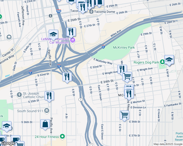 map of restaurants, bars, coffee shops, grocery stores, and more near 407 East Wright Avenue in Tacoma