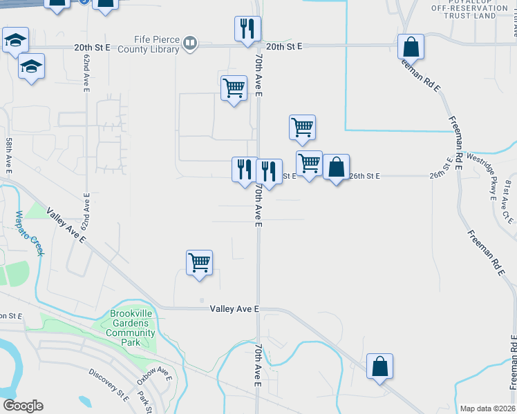 map of restaurants, bars, coffee shops, grocery stores, and more near 2422 70th Avenue East in Tacoma