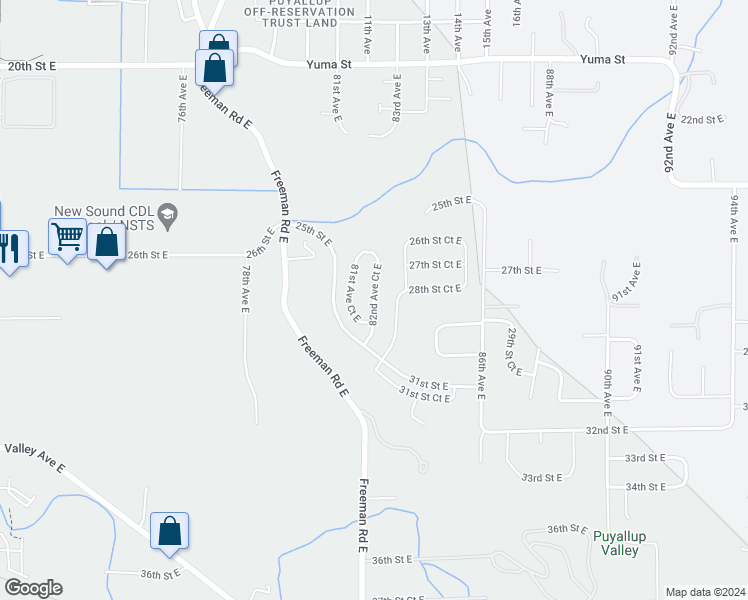 map of restaurants, bars, coffee shops, grocery stores, and more near 82nd Avenue Court East in Edgewood