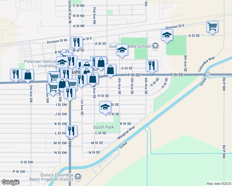map of restaurants, bars, coffee shops, grocery stores, and more near 322 H Street Southeast in Quincy