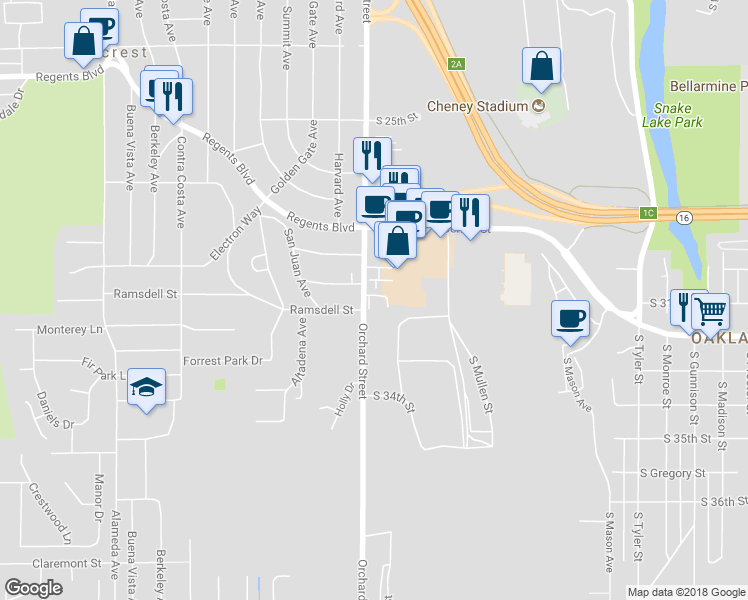 map of restaurants, bars, coffee shops, grocery stores, and more near 3035 South Orchard Street in Tacoma
