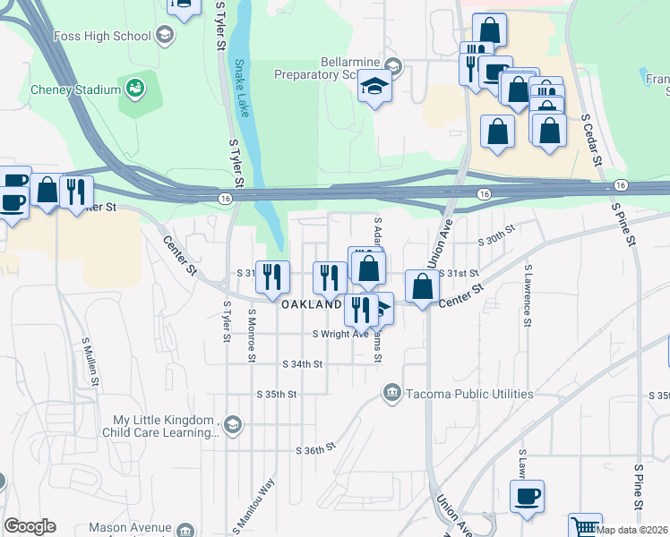 map of restaurants, bars, coffee shops, grocery stores, and more near 3101 South Proctor Street in Tacoma