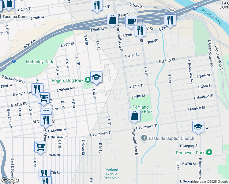 map of restaurants, bars, coffee shops, grocery stores, and more near 1422 East 34th Street in Tacoma
