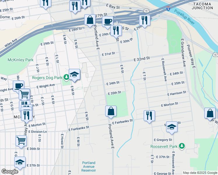 map of restaurants, bars, coffee shops, grocery stores, and more near 3422 Portland Avenue East in Tacoma